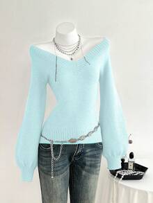 Elamini Suéter holgado de punto de unicolor con cuello en V y mangas farol para mujer