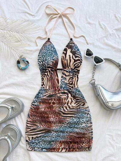 Soleia Women's Retro Tie-Dye Abstract Leopard & Zebra Print Deep V-Neck Backless Tie Waist Ruched Bodycon Mini Dress, Sexy Fashion Summer Outfit For Party, Date, Afternoon Tea, Beach Vacation Leopard Print