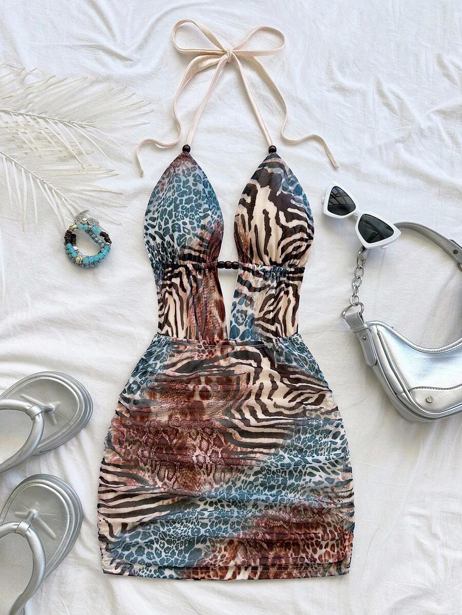 Soleia 女式复古扎染抽象豹纹和斑马纹深 V 领露背系腰褶皱紧身迷你连衣裙，性感时尚夏季服装，适合派对、约会、下午茶、海滩度假 - 彩色 - 查看 1
