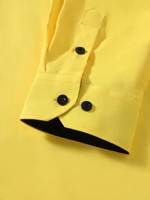 Calvornis 男士撞色滚边前扣口袋长袖休闲衬衫，商务休闲衬衫，适合婚礼、通勤、秋季、正式场合等各种场合，也是一款百搭的旅行单品。 - 黃色 - 查看 5