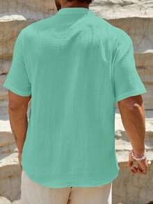 Manfinity NXTstreet Men's Simple Solid Color Textured Button Half-Placket Short Sleeve Shirt, Summer - Cadet Blue - View 2