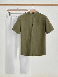 HIMLAND 2pcs/Set Men's Casual V-Neck Mandarin Collar Short Sleeve Shirt Set Men Linen Set Men Casual Sets Europe Summer Outfits For Men Set Men Shirt Co Ords Khaki Men Set
