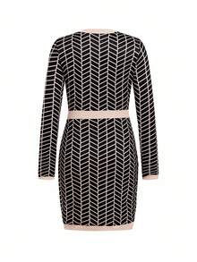 SHEIN Clasi 女式圆领针织弹力修身长袖黑色格子几何图案撞色金属纽扣优雅日常休闲通勤迷你连衣裙，秋冬