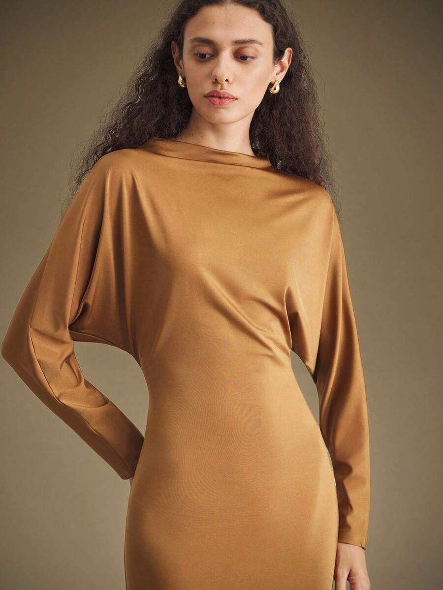 Ontre 女士优雅通勤纯色蝙蝠袖连衣裙 - 棕色 - 查看 1