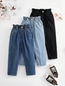 SHEIN 3pcs/Set Young Girl' Denim Pants With Ruffled Hem, Black, Navy Blue, Light Blue, Autumn/Winter Fall - Multicolor - View 1