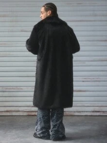 AXEPEAK 男士休闲时尚街头风单排扣前开长款人造毛皮大衣，冬季 - 黑色 - 查看 2