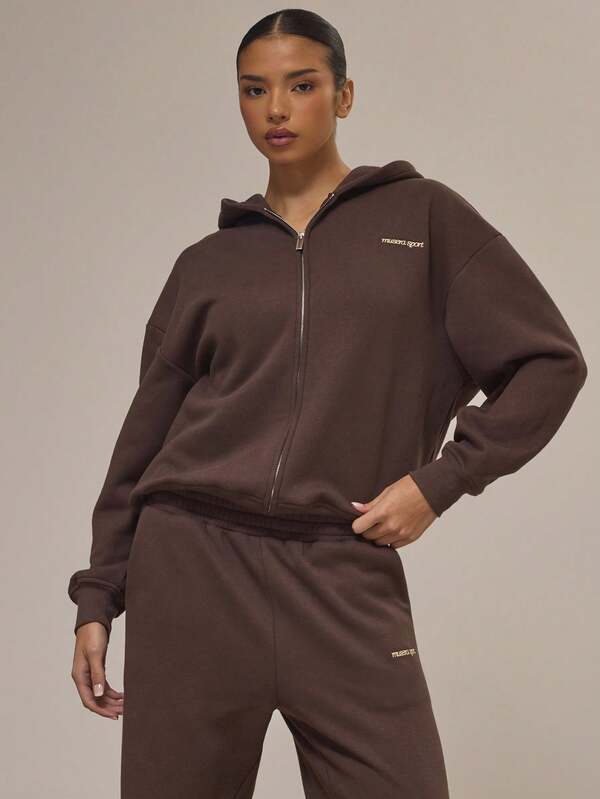 Musera Sport Sudadera con capucha con cremallera y bordado oversize, solo parte superior de chándal, deportes activos, entrenamiento, otoño, adorable remolino de canela con cremallera