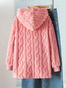 Sparklyn 青少年女孩休闲百搭百搭家居服和学校日常穿着粗条纹毛茸茸领子前开中长款秋冬夹克 - 藕粉色 - 查看 2