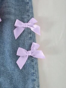 SHEIN Playful Pals 2 件套幼儿女童休闲可爱蝴蝶结圆领插肩袖运动衫和松紧腰宽松直筒牛仔裤，返校装，适合春季、秋季 - 紫色 - 查看 3