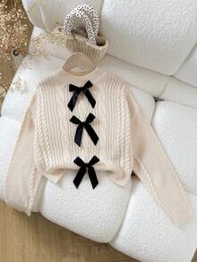 SHEIN Tween Girls' Casual Elegant Knitted Colorblock Bow Turtleneck Sweater, Versatile & Cute For Everyday Wear, Autumn/Winter Fall - Khaki - View 4