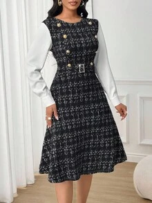 SHEIN Lady Elegant Waist Cinched Long Sleeve Women's Midi Dress