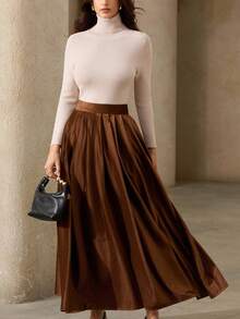 Aveloria Rosie French Classic Caramel Coffee Autumn/Winter High Waist Pleated Skirt - Coffee Brown - View 5