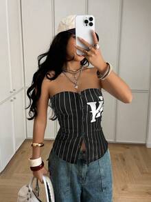 StreetHx Women's Street Style Vertical Striped Letter Print Tube Top - Black - View 3