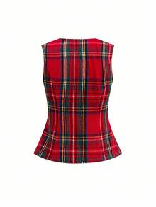 Ellevyn 女士圆领无袖红色格子开衫背心和直筒裤优雅装扮，适合日常穿着、节日、秋冬、圣诞节，两件套 - 彩色 - 查看 4