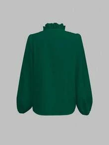 SHEIN LUNE Women's Solid Color Ruffle V-Neck Long Sleeve Elegant Blouse - Dark Green - View 2