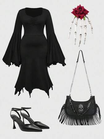 Goth Abito nero in stile gotico, misterioso e orrore, con colletto a pipistrello alieno, elasticizzato e di taglia grande