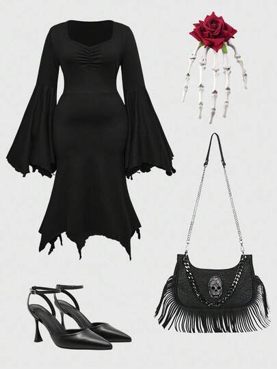 Goth Vestido negro de talla grande con cuello de murciélago alienígena, de estilo gótico y misterioso para fiestas de terror