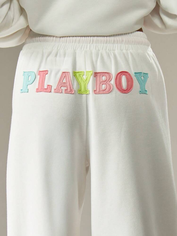 Missguided x Playboy Applique Wide Leg Joggers Sweatpants With Colorful Letters For Casual Loungewear