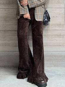 Dazy Tall 女士高挑/长款花卉蕾丝下摆松紧腰优雅丝绒休闲裤 - 鏽棕色 - 查看 1