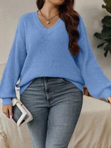 Calvaya Suéter informal de talla grande de unicolor con cuello en V y hombros caídos, otoño/invierno - Celeste - Ver 3
