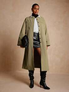 Lyxana Áo khoác trench coat dài cổ đứng cao cấp dáng rộng cho nữ - màu xanh lá - Xem 3