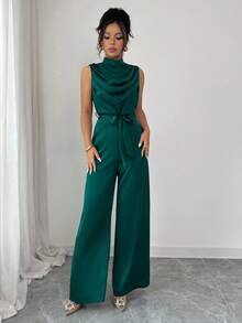 Elenzga Women's Elegant Green Mandarin Collar Pleated Ruffle Waist Sleeveless Jumpsuit, Spring/Summer - Olive Green - View 3