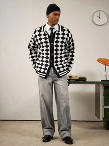 Manfinity Homme Herren Rhombus Muster Langarm Einreiher Lässig Strickjacke, Herbst - Verschiedenfarbig - Übersicht 3