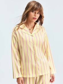 LOUNGEISTA 2pcs Women Loose Comfortable Breathable Striped Long Sleeve Pajama Set - Yellow - View 4