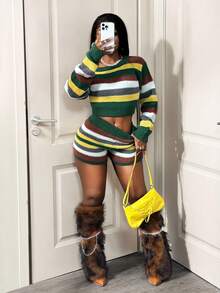 SHEIN BamGlam Women's Sweater Set, Multicolor Striped Long Sleeve Loose Crew Neck Top And Bodycon Shorts, Retro Casual Minimalist Knit 2-Piece Outfit - Multicolor - View 1