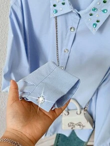 Modelyn Women's Rhinestone Decor Striped Long Sleeve Single-Breasted Casual Shirt - Blue - View 7