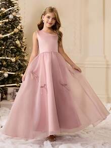 少女甜美公主风单肩缎面网纱无袖连衣裙，配蝴蝶结，适合婚礼、花童、生日派对、圣诞节、万圣节、毕业典礼等秋冬季场合。 - 粉色 - 查看 1