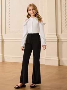 Girls' Long Sleeve Mesh Patchwork Ruffle Trim Blouse + High Waist Pants Elegant Halloween Christmas Outfit Fall Winter - White - View 6
