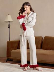 SHEIN Contrast Color Ruffle Trim Long Sleeve Belted Top & Long Pants Women Pajama Set, Fall Winter Clothes Cozy And Elegant Details - Apricot - View 3