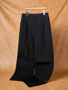 Manfinity Roghcode 男士时尚百搭纯色高腰阔腿裤，秋季 - 黑色 - 查看 3