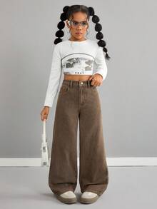 SHEIN Tween Girls' Casual Comfortable Loose Fit Wide Leg Brown Jeans Fall Winter,For Girls Fall/Winter Dailywear Costume,Girls Streetwear Outfits,Halloween Outfits,Christmas Outfits,Winter Jeans,Teen Jeans,Brown Pants,