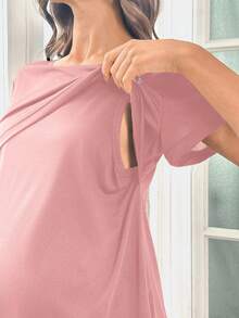 Moonlight & Mama Conjunto de pijama de maternidad de seda de leche con estampado de corazón de unicolor