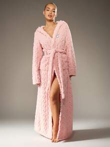 Missguided x Playboy Christmas Plush Hooded Cable Knit Fleece Bathrobe With Bunny Logo - Pink - View 2