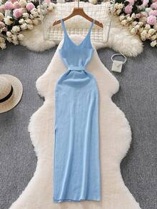 SHEIN Clasi Plus Size Elegant V-Neck Bodycon Sweater Dress - Blue - View 2