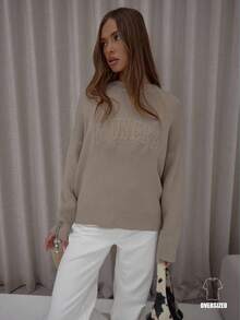 MUSERA Graphic Embossed '' Logo Ribbed Hems Oversized Knit Sweater Classy Cute Sexy Streetwear Night Out Winter Evening Elegant - Khaki - View 1