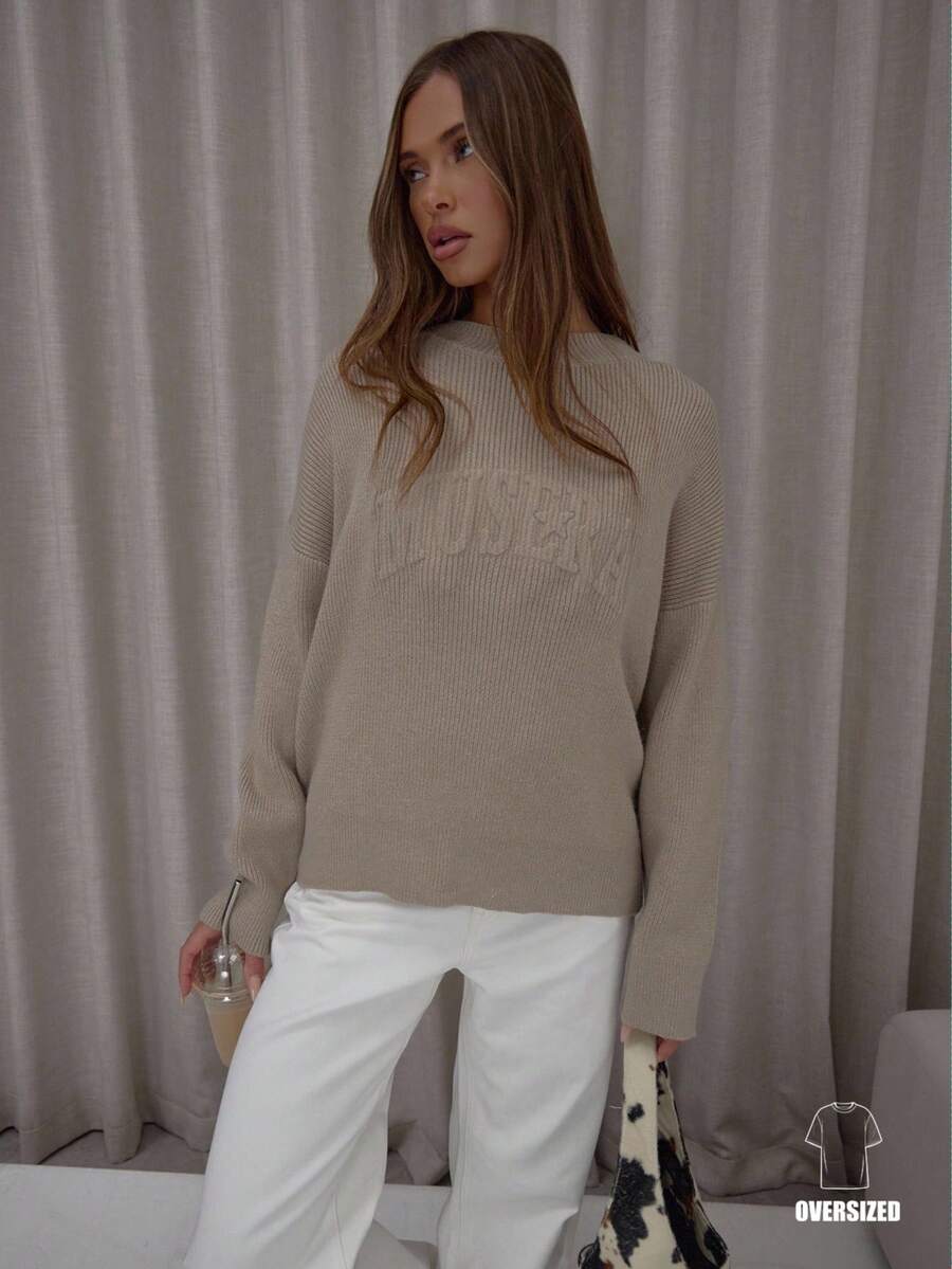 MUSERA Graphic Embossed '' Logo Ribbed Hems Oversized Knit Sweater Classy Cute Sexy Streetwear Night Out Winter Evening Elegant - Khaki - View 1