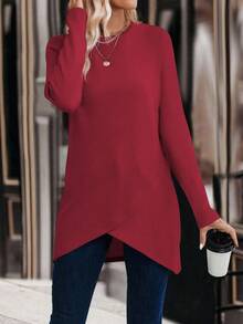 EMERY ROSE Women's Casual Solid Color Asymmetric Hem Long Sleeve T-Shirt, Autumn - Burgundy - View 4