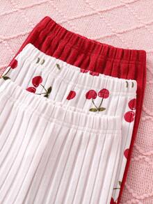 SHEIN 女童秋冬舒适罗纹套装3件套：樱桃印花套装+杏色樱桃图案套装+红色长袖和裤子套装 - 彩色 - 查看 6