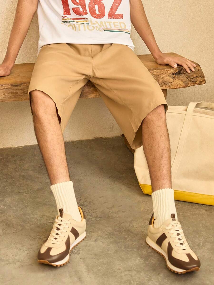 STONE DISTRICT Shorts casuales de moda para hombres de unicolor clásico de largo medio, con bolsillos laterales en sesgo, cinturón de color contrastante, ropa deportiva simple para calle, nueva llegada adecuada para salir, ir al trabajo, vestir casual