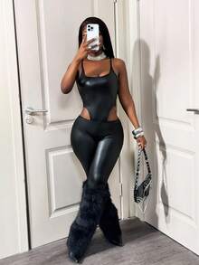 BamGleam Nuevo body de otoño de piel sintética retro punk sexy con tirantes finos de color negro para mujeres, ajuste ceñido y espalda descubierta - Negro - Ver 4