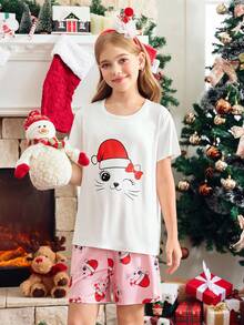 Tween Girl Family Party Happiness Family Matching Comfortable Cat Print Pajama Set, Easy Comfort, Christmas - Multicolor - View 5