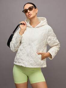 Activina 女士休闲日常通勤简约纯色绗缝拉链连帽棉服外套，冬季 - 酒紅色 - 查看 3