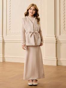 Girls Casual Minimalist Turtleneck Long Sleeve Solid Color Textured Fitted Maxi Dress With V-Neck Furry Vest And Matching Belt Set, Autumn/Winter - Apricot - View 3