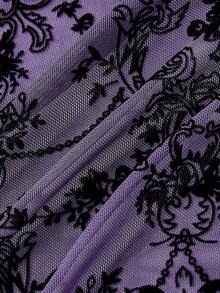 ROMWE Plus Size Gothic Versatile Slit Bell Sleeve Women Retro Flocked Cardigan Top - Purple - View 4