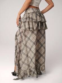 SHEIN ICON Women's Retro Plaid Asymmetrical Hem Pleated A-Line Skirt, Suitable For Back To School, Campus Party, Gathering