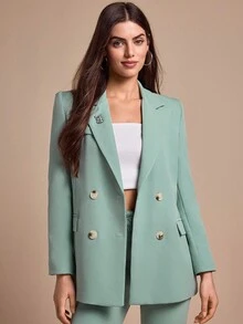 CLARA VERO Women Solid Color Suit Sets Blazer Jacket And Pants Rhinestone And Button Front Detailed - Mint Green - View 5